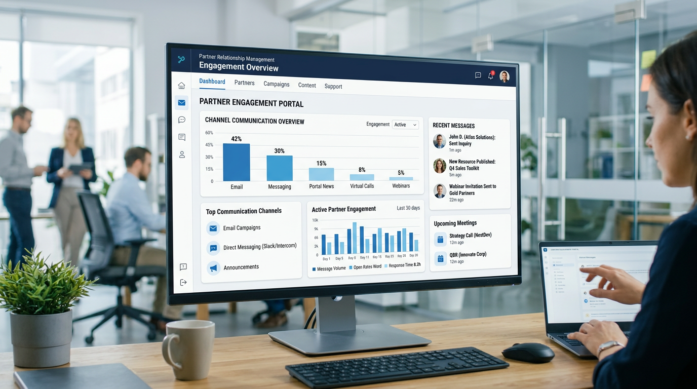 A dashboard from a Partner Relationship Management system showing channels for communication and engagement.