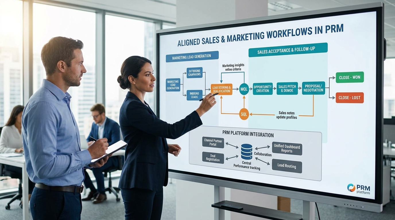 A flowchart illustrating aligned sales and marketing workflows within a Partner Relationship Management platform.