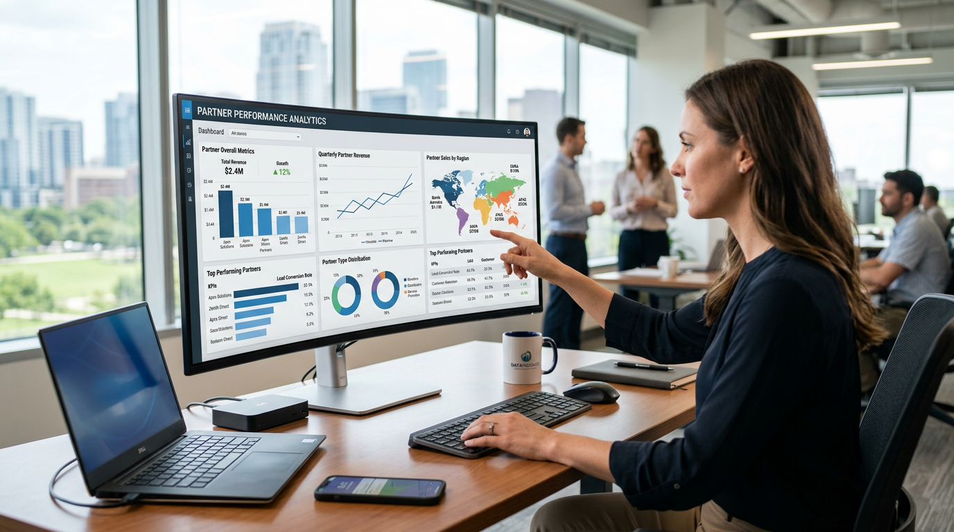 A business intelligence dashboard showing partner performance analytics with charts and graphs on a computer screen.